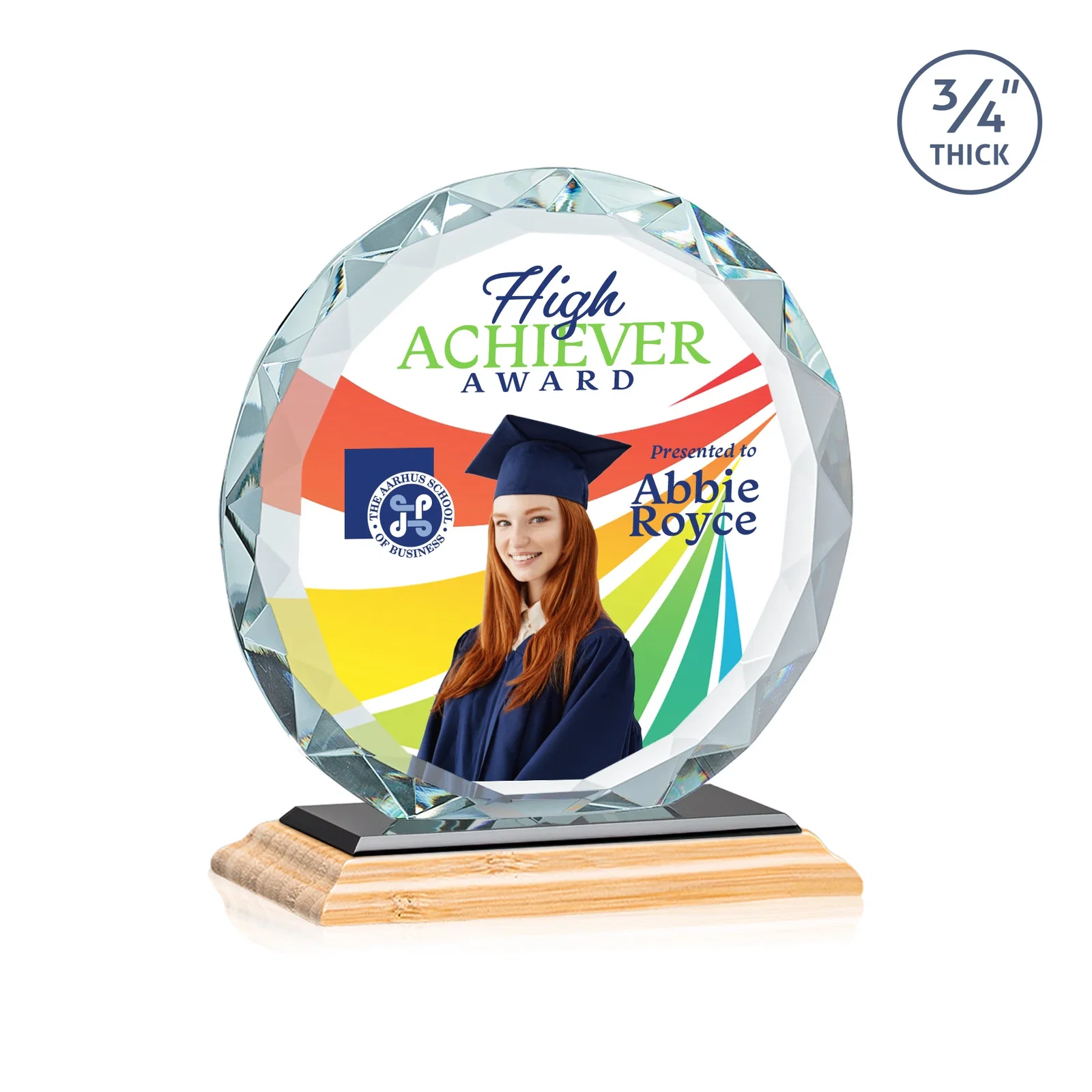 Promotional Starfire Crystal Award With Gemstone Facets on a Wood or Crystal Base, with your logo for corporate award ceremonies