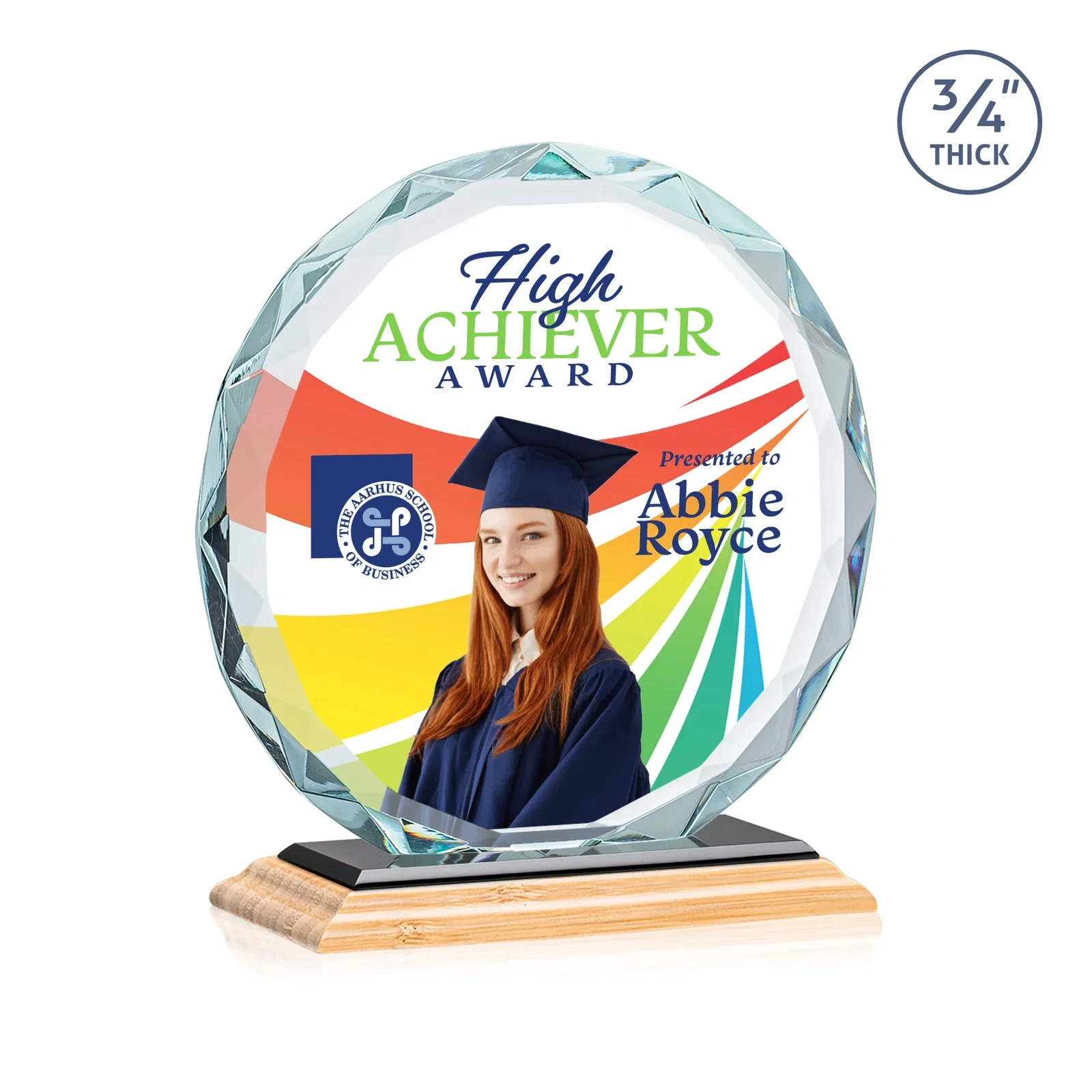 Promotional Starfire Crystal Award With Gemstone Facets on a Wood or Crystal Base, with your logo for service anniversary gifts
