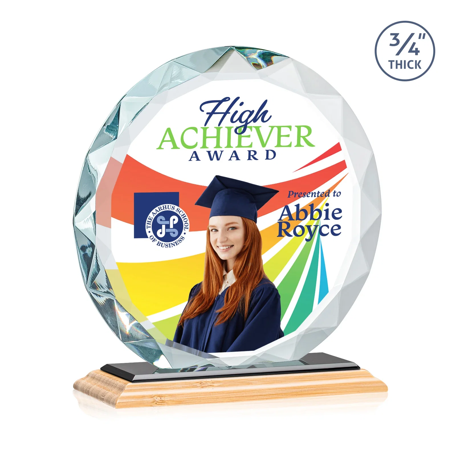 Promotional Starfire Crystal Award With Gemstone Facets on a Wood or Crystal Base, with your logo for sales achievement awards