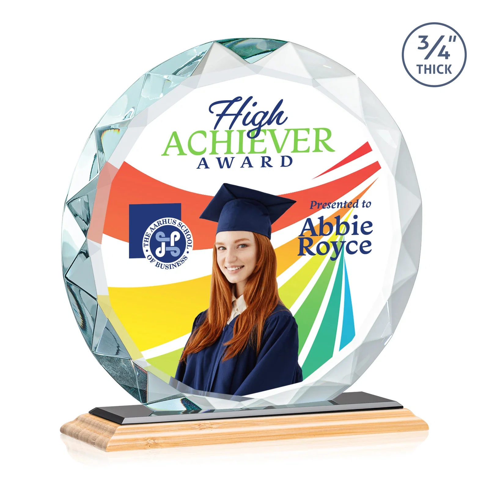 Promotional Starfire Crystal Award With Gemstone Facets on a Wood or Crystal Base, with your logo for retirement presentations