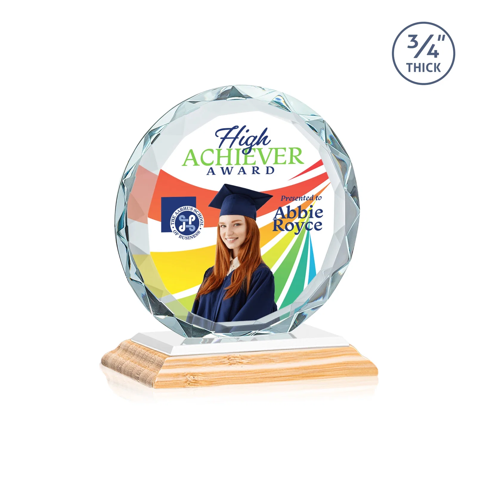Promotional Starfire Crystal Award With Gemstone Facets on a Wood or Crystal Base, with your logo for donor appreciation