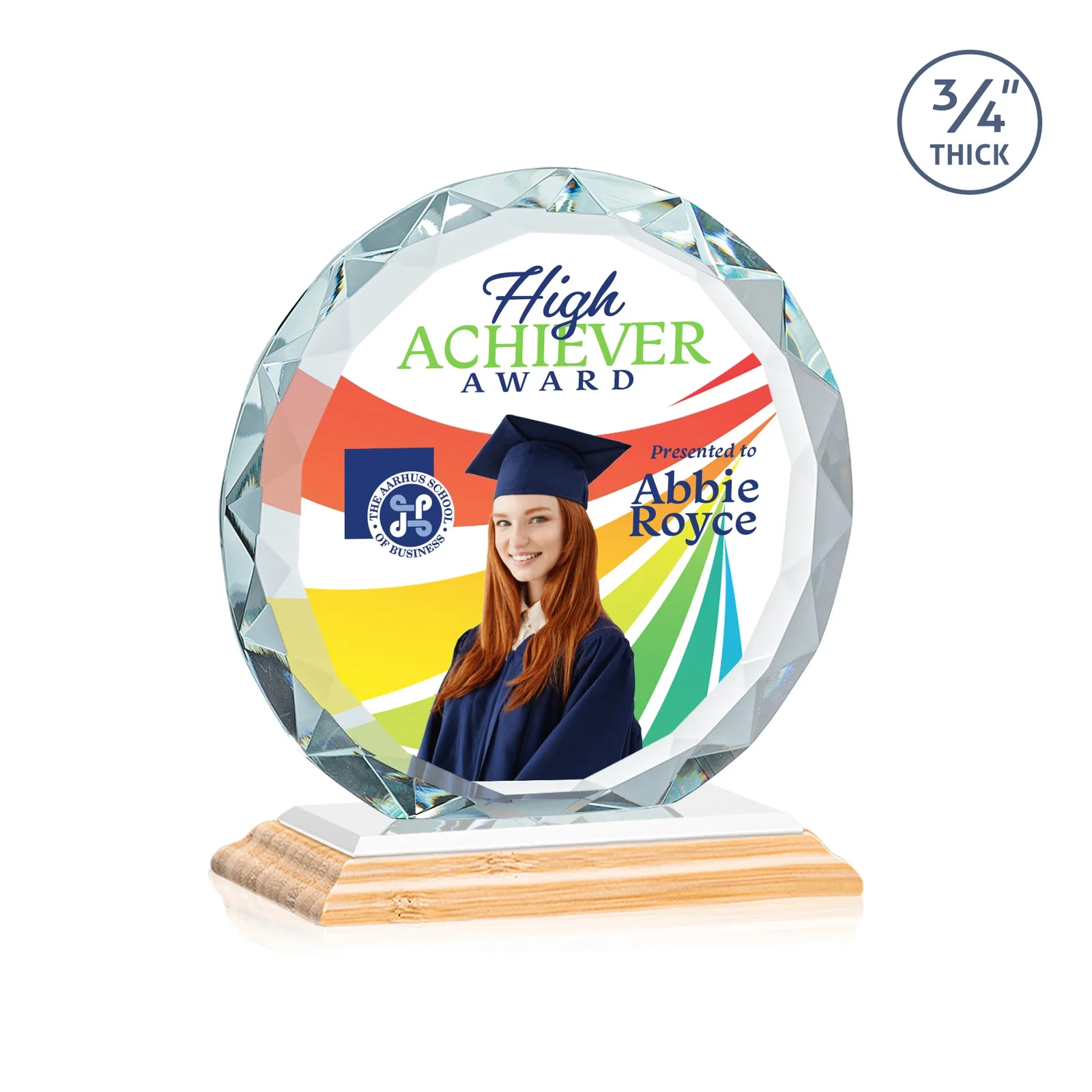 Promotional Starfire Crystal Award With Gemstone Facets on a Wood or Crystal Base, with your logo for graduation ceremonies
