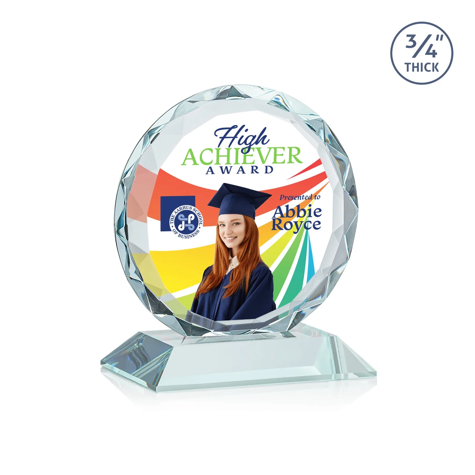 Custom printed Starfire Crystal Award With Gemstone Facets on a Wood or Crystal Base for corporate award ceremonies