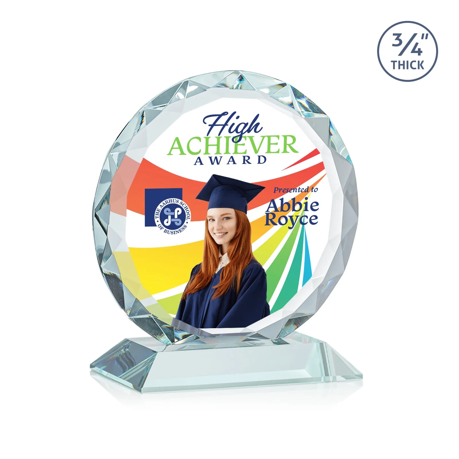 Custom printed Starfire Crystal Award With Gemstone Facets on a Wood or Crystal Base for service anniversary gifts