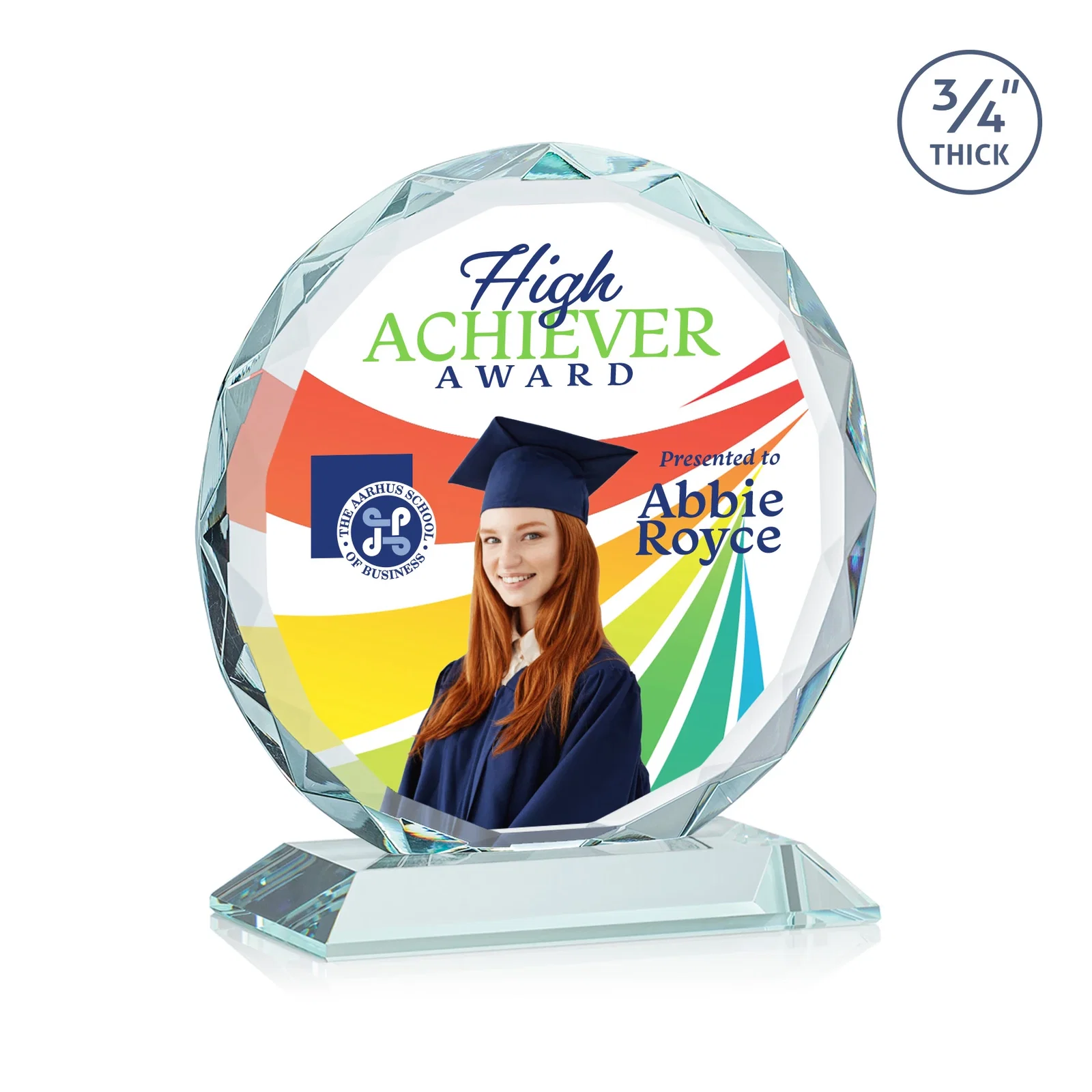 Custom printed Starfire Crystal Award With Gemstone Facets on a Wood or Crystal Base for sales achievement awards