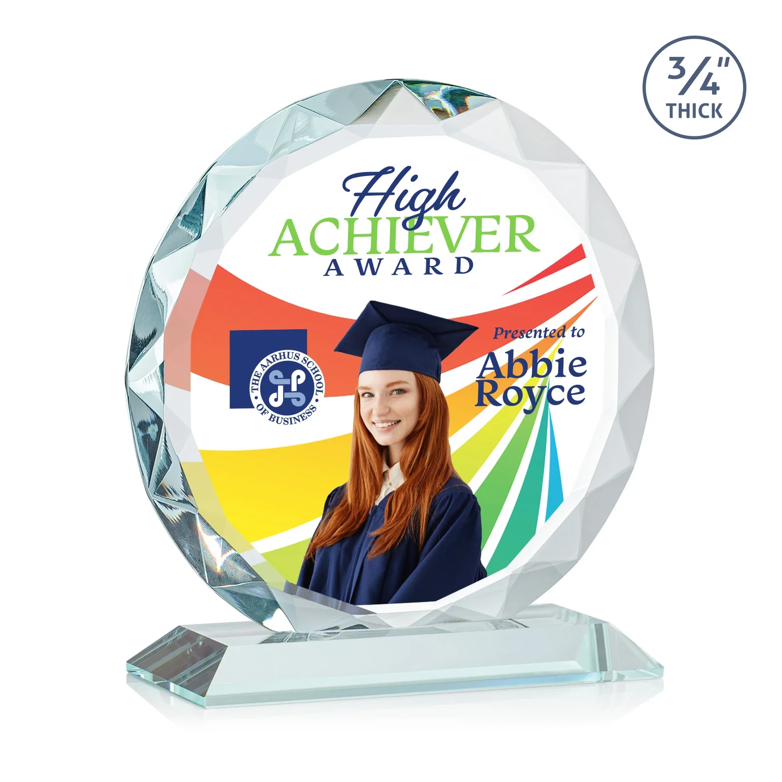 Custom printed Starfire Crystal Award With Gemstone Facets on a Wood or Crystal Base for retirement presentations