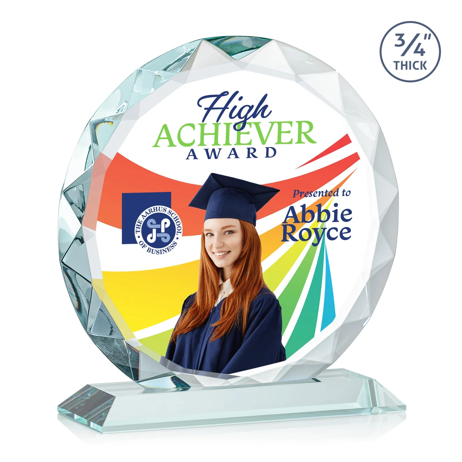 Custom printed Starfire Crystal Award With Gemstone Facets on a Wood or Crystal Base for team milestone celebrations