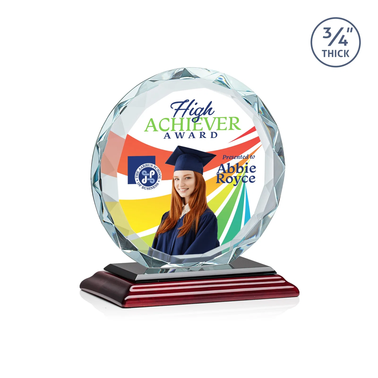 Custom printed Starfire Crystal Award With Gemstone Facets on a Wood or Crystal Base for graduation ceremonies