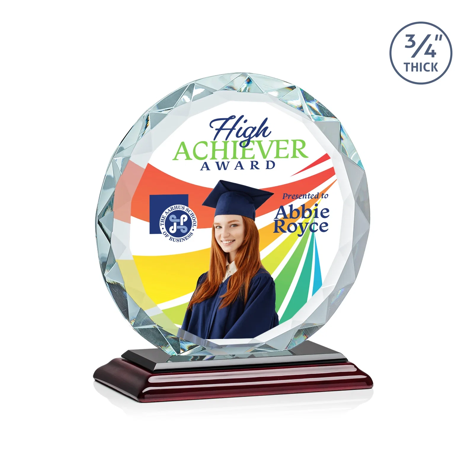 Custom printed Starfire Crystal Award With Gemstone Facets on a Wood or Crystal Base for safety achievement programs