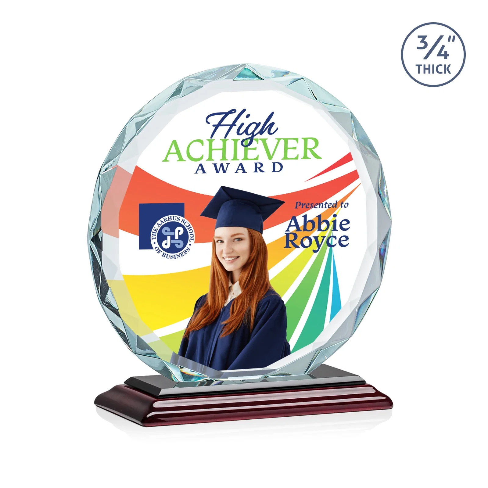Custom printed Starfire Crystal Award With Gemstone Facets on a Wood or Crystal Base for volunteer appreciation