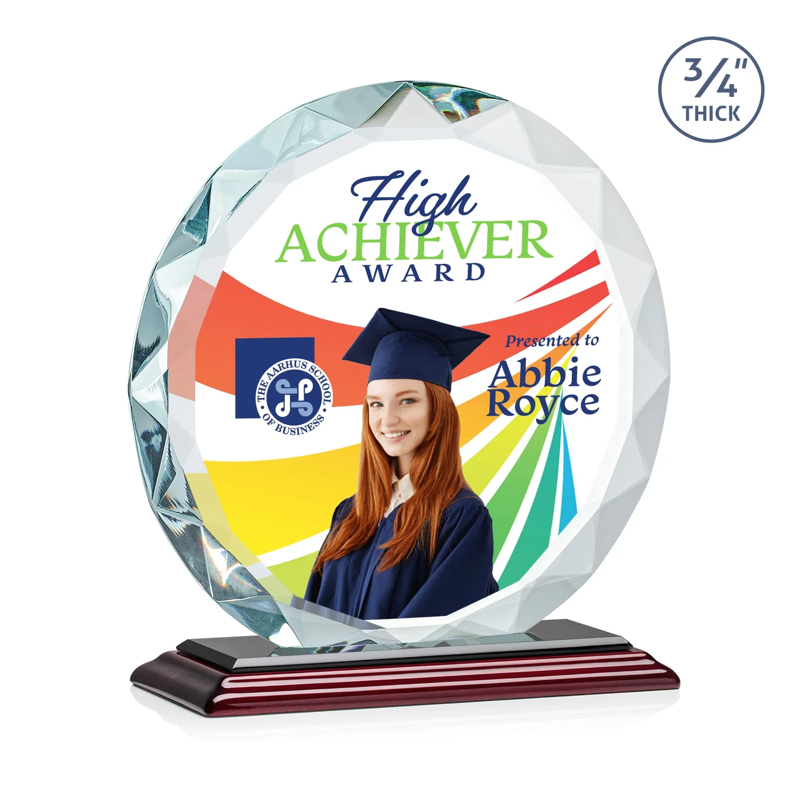 Custom printed Starfire Crystal Award With Gemstone Facets on a Wood or Crystal Base for dealer and partner awards