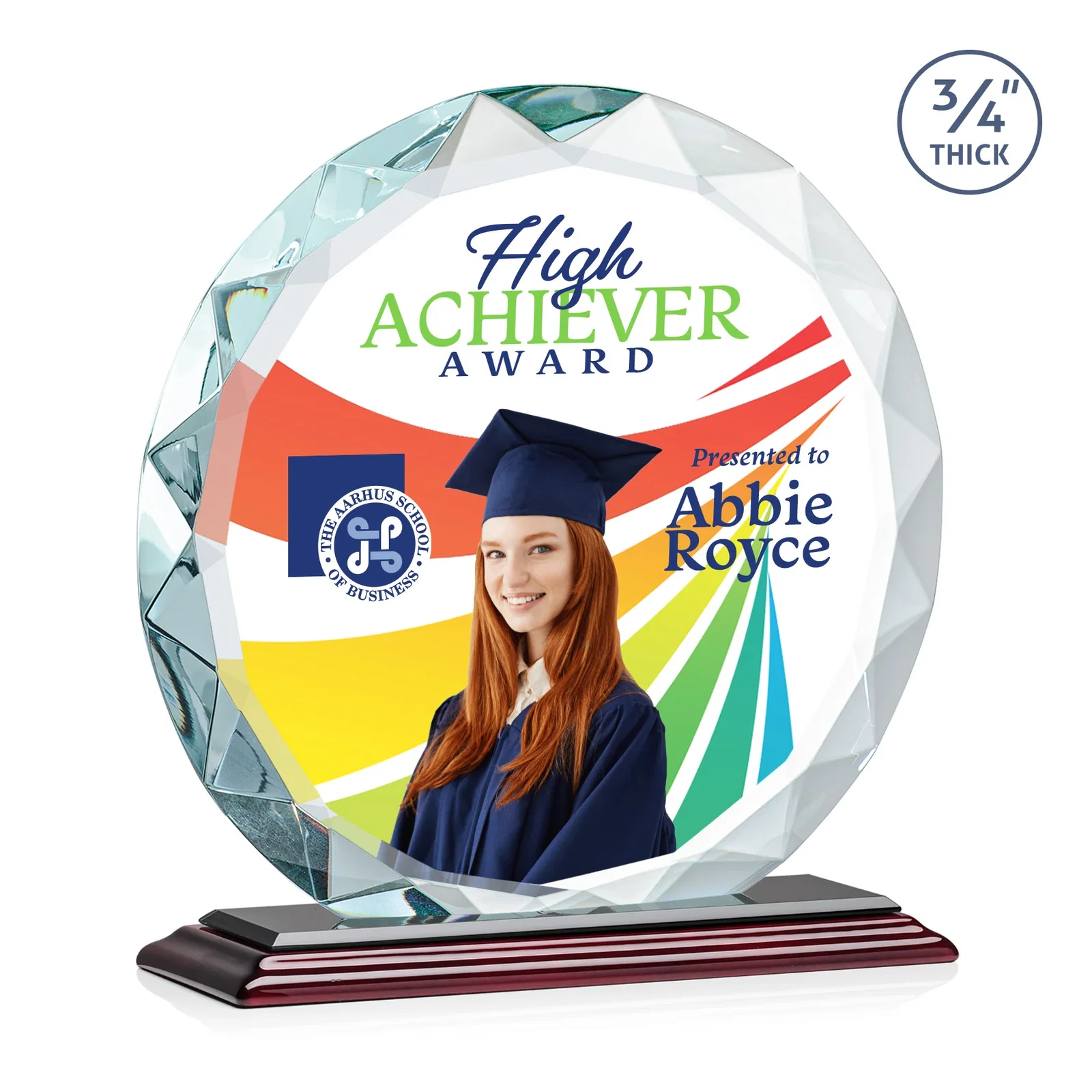 Custom printed Starfire Crystal Award With Gemstone Facets on a Wood or Crystal Base for company anniversary events