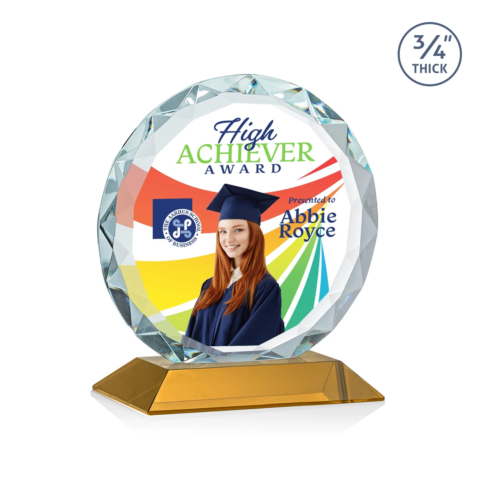 Customized Starfire Crystal Award With Gemstone Facets on a Wood or Crystal Base for corporate award ceremonies