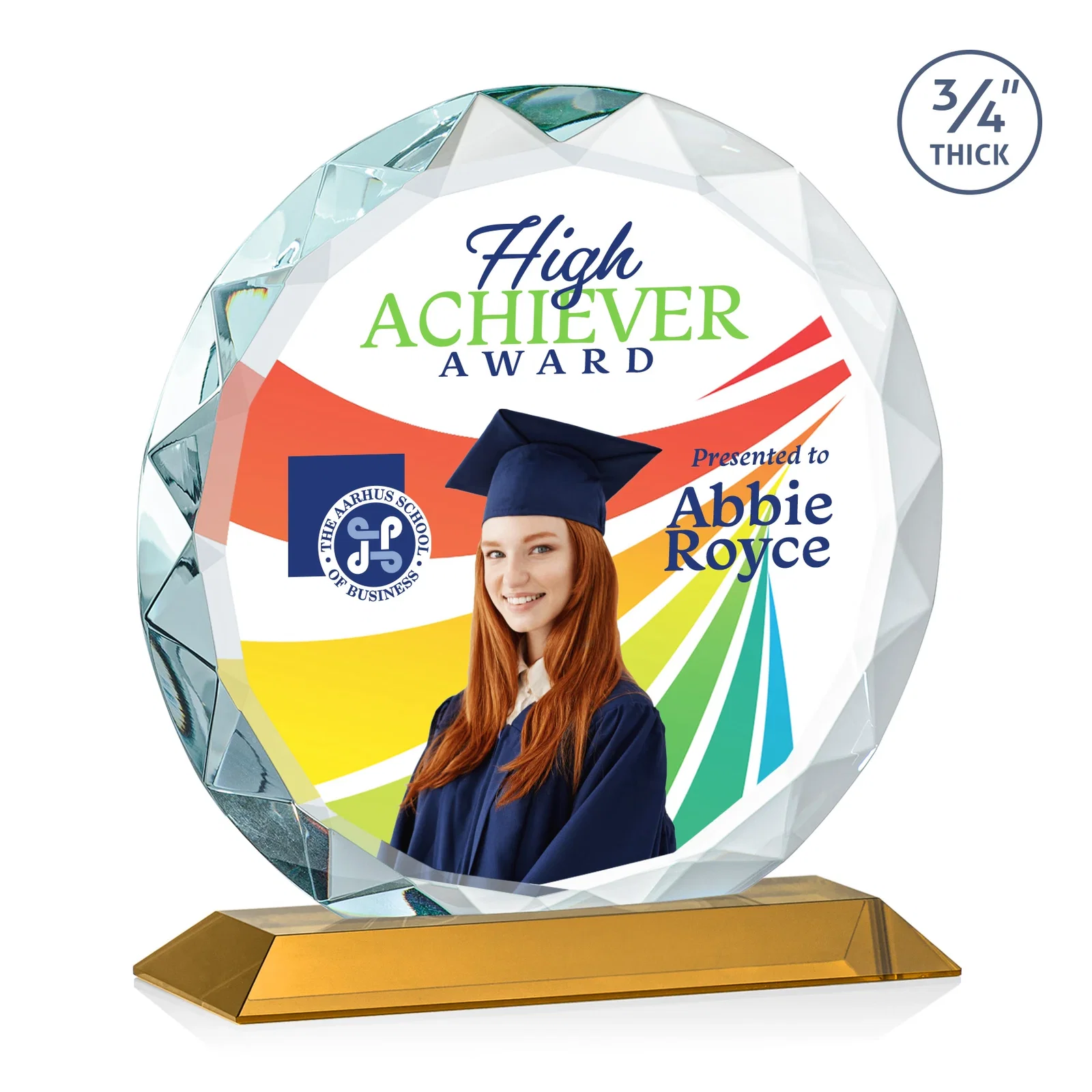 Customized Starfire Crystal Award With Gemstone Facets on a Wood or Crystal Base for retirement presentations