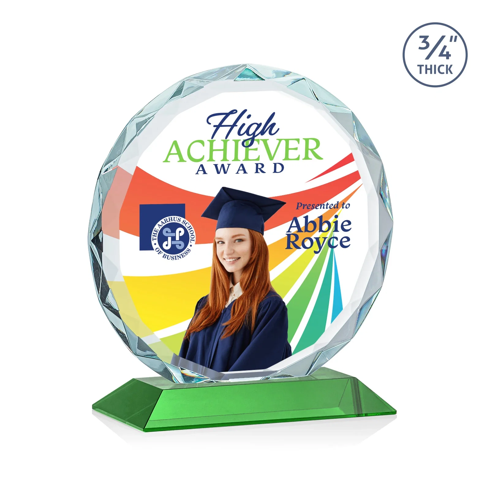 Customized Starfire Crystal Award With Gemstone Facets on a Wood or Crystal Base for graduation ceremonies