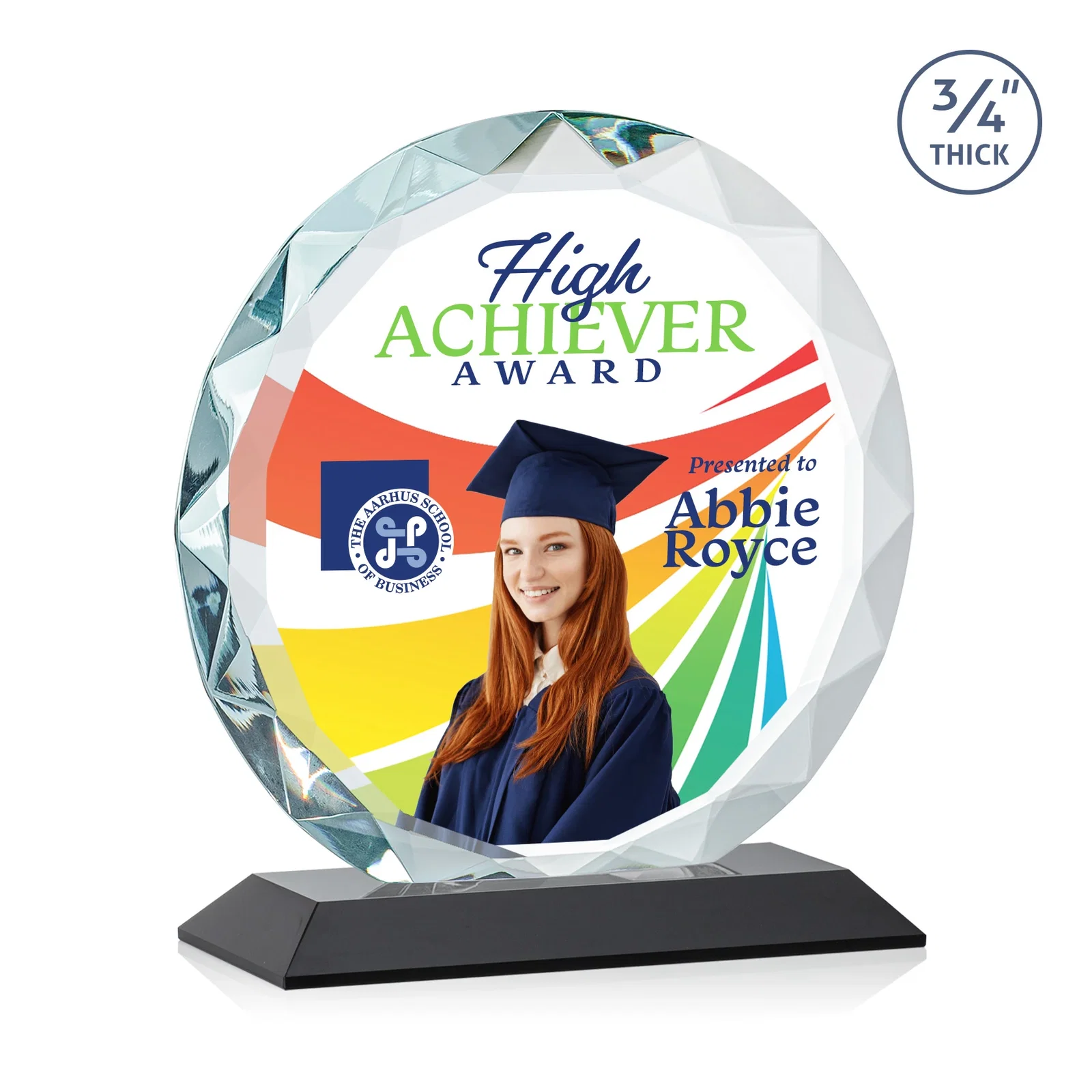 Custom engraved Starfire Crystal Award With Gemstone Facets on a Wood or Crystal Base for corporate award ceremonies