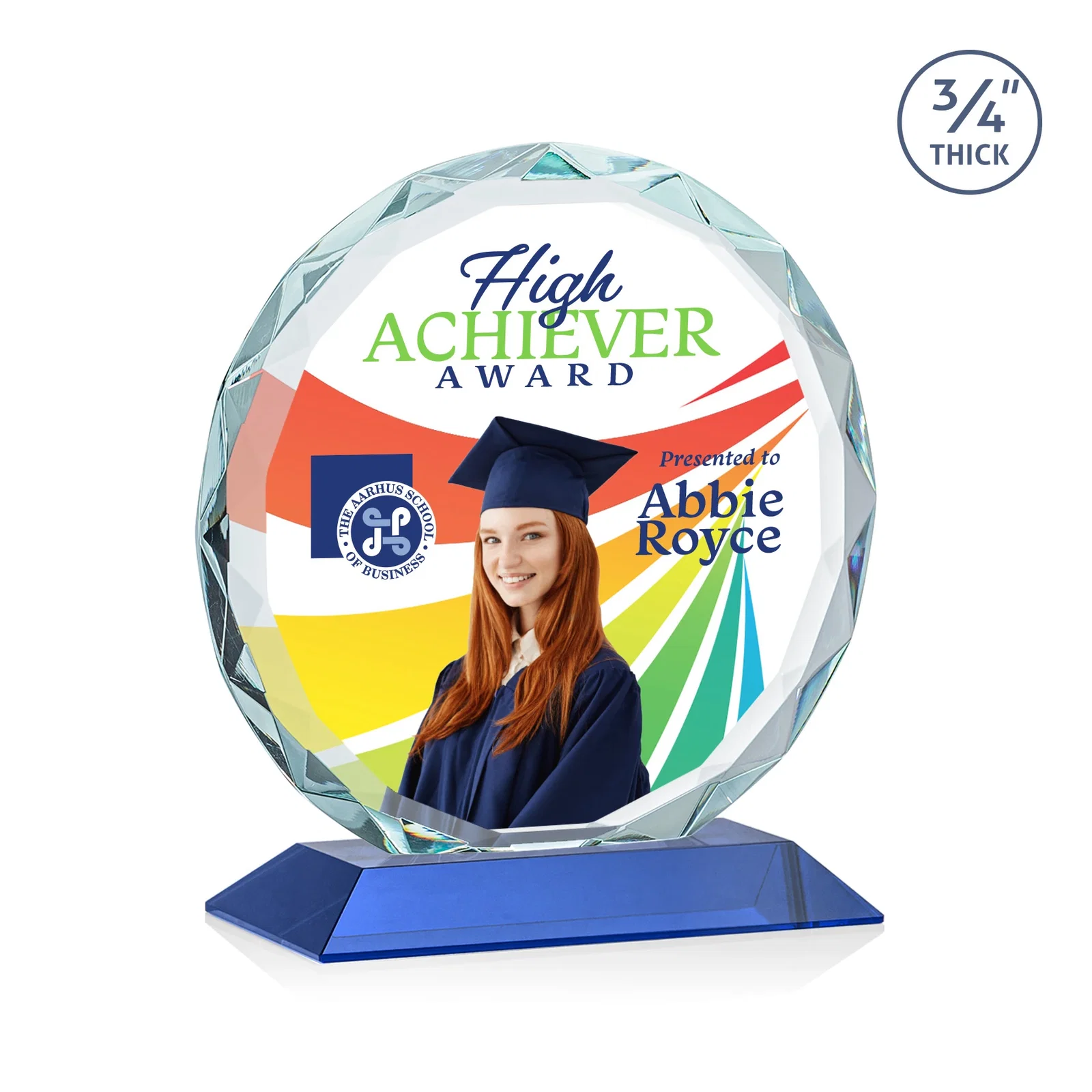 Custom engraved Starfire Crystal Award With Gemstone Facets on a Wood or Crystal Base for team milestone celebrations