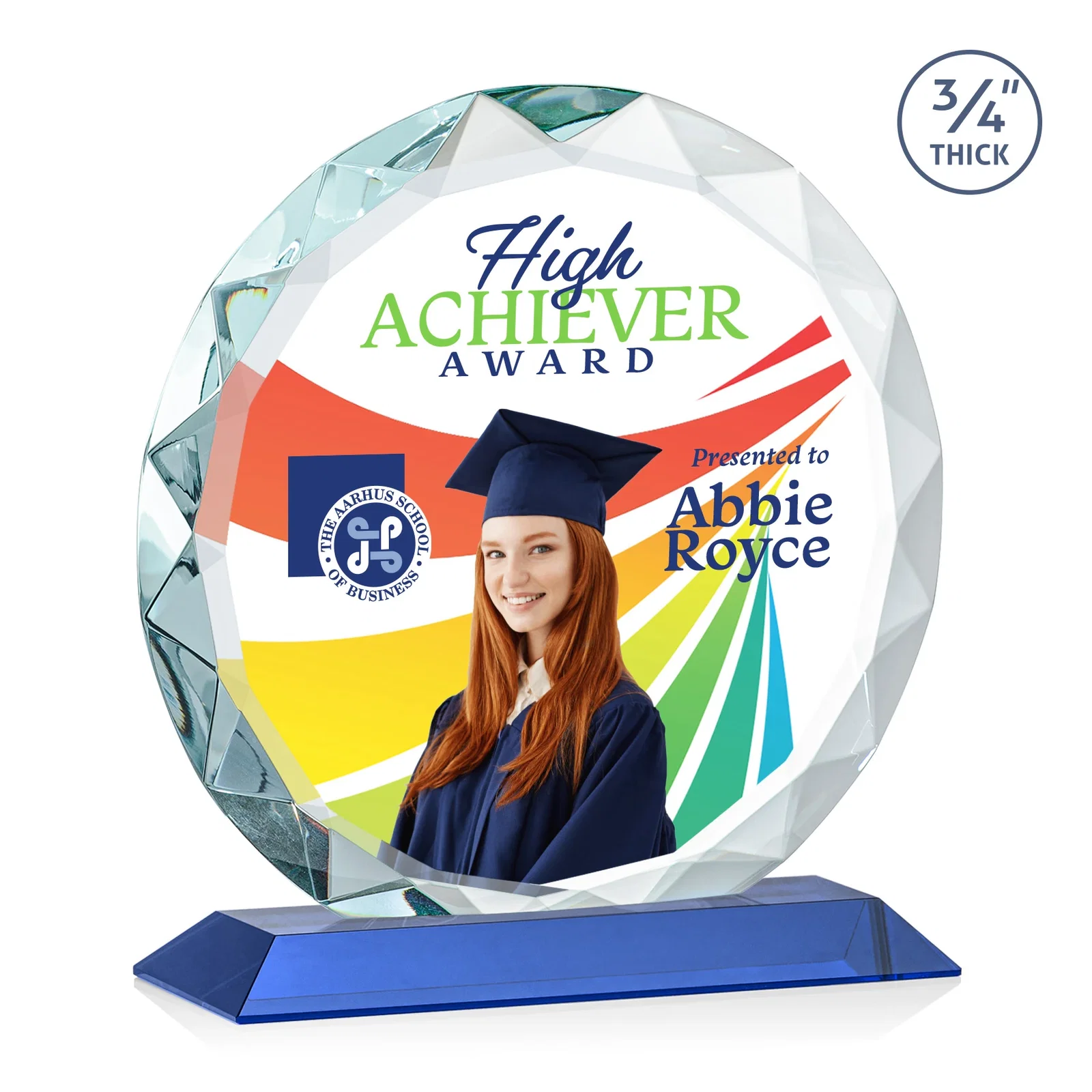 Custom engraved Starfire Crystal Award With Gemstone Facets on a Wood or Crystal Base for graduation ceremonies