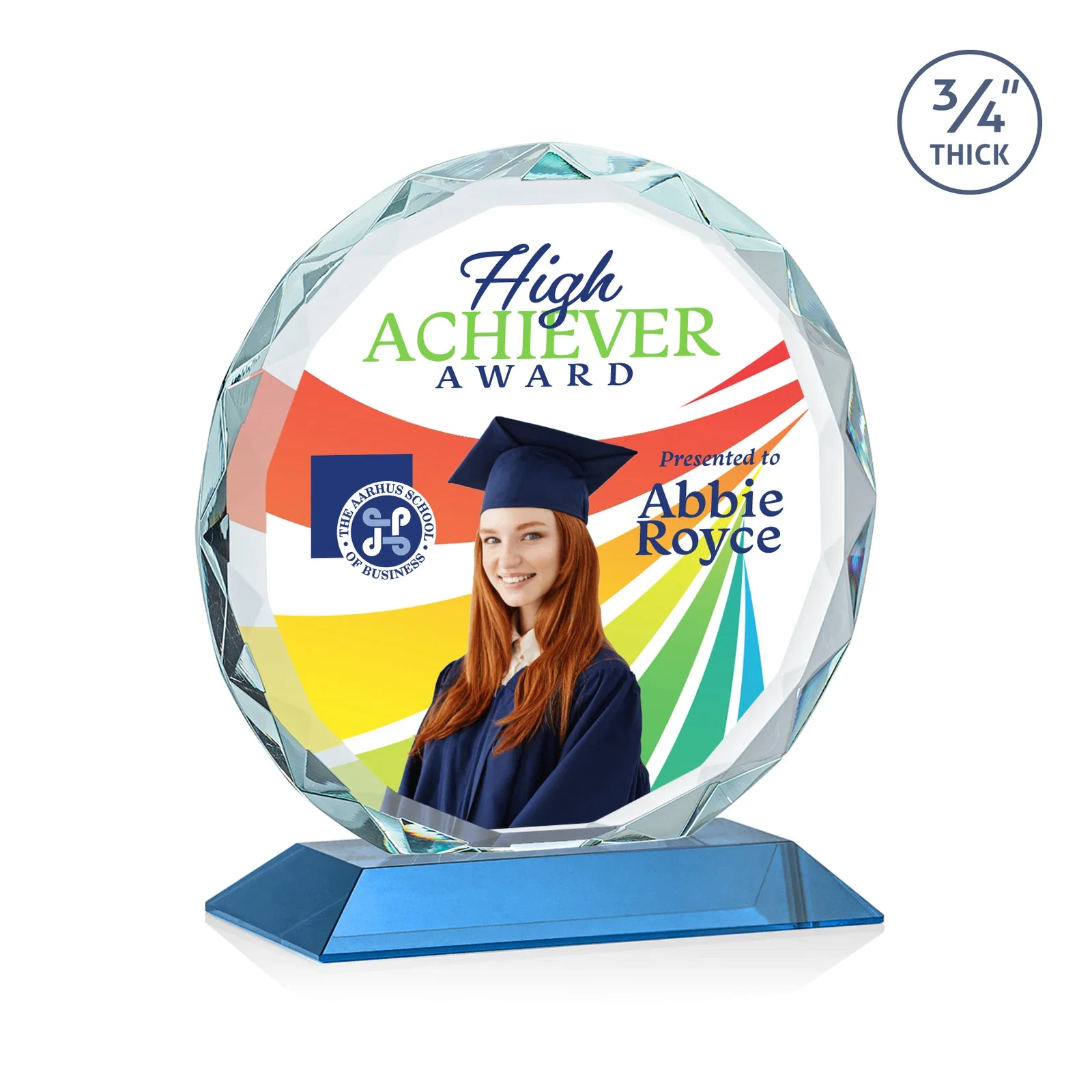 Custom Starfire Crystal Award With Gemstone Facets on a Wood or Crystal Base, with your logo for sales achievement awards