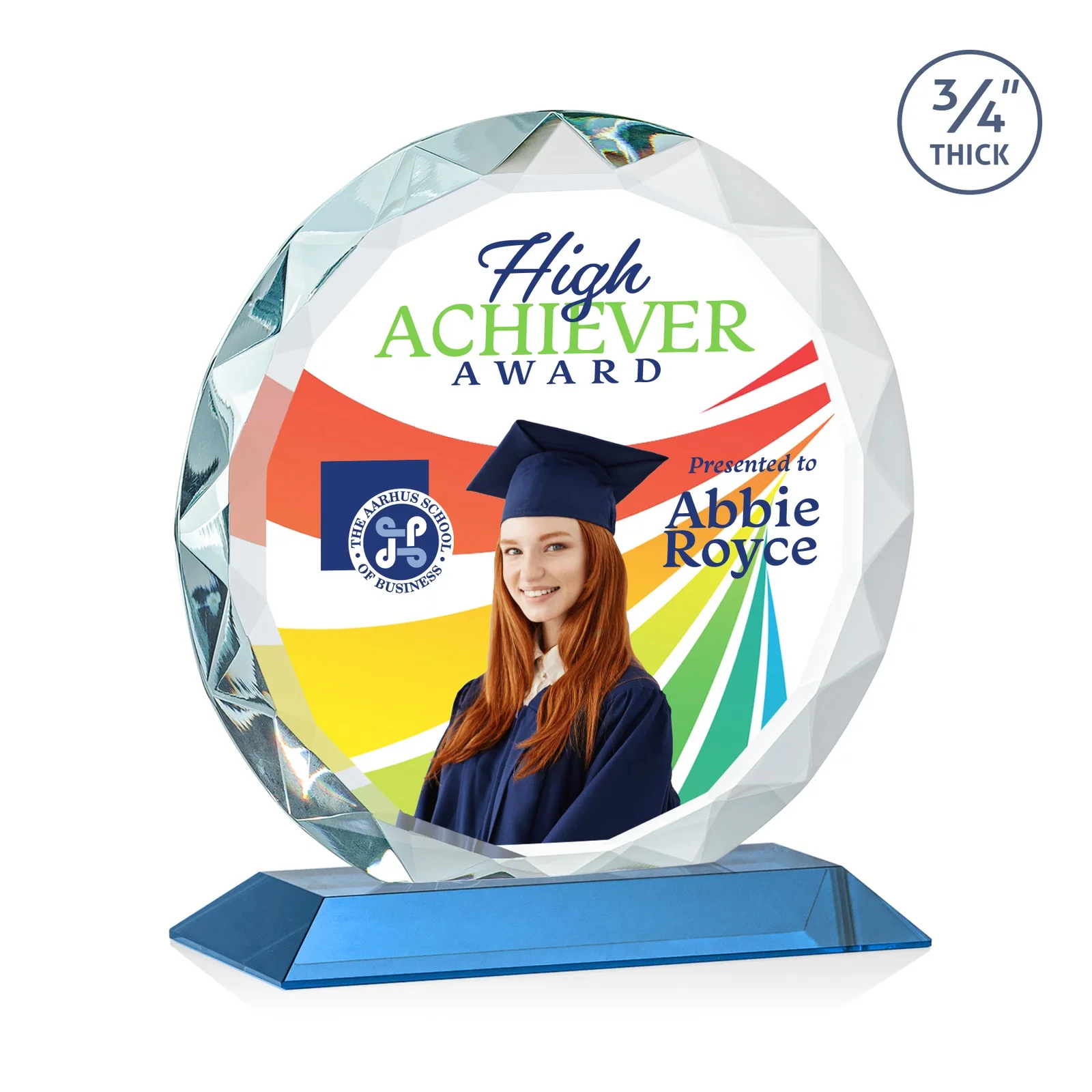 Custom Starfire Crystal Award With Gemstone Facets on a Wood or Crystal Base, with your logo for retirement presentations