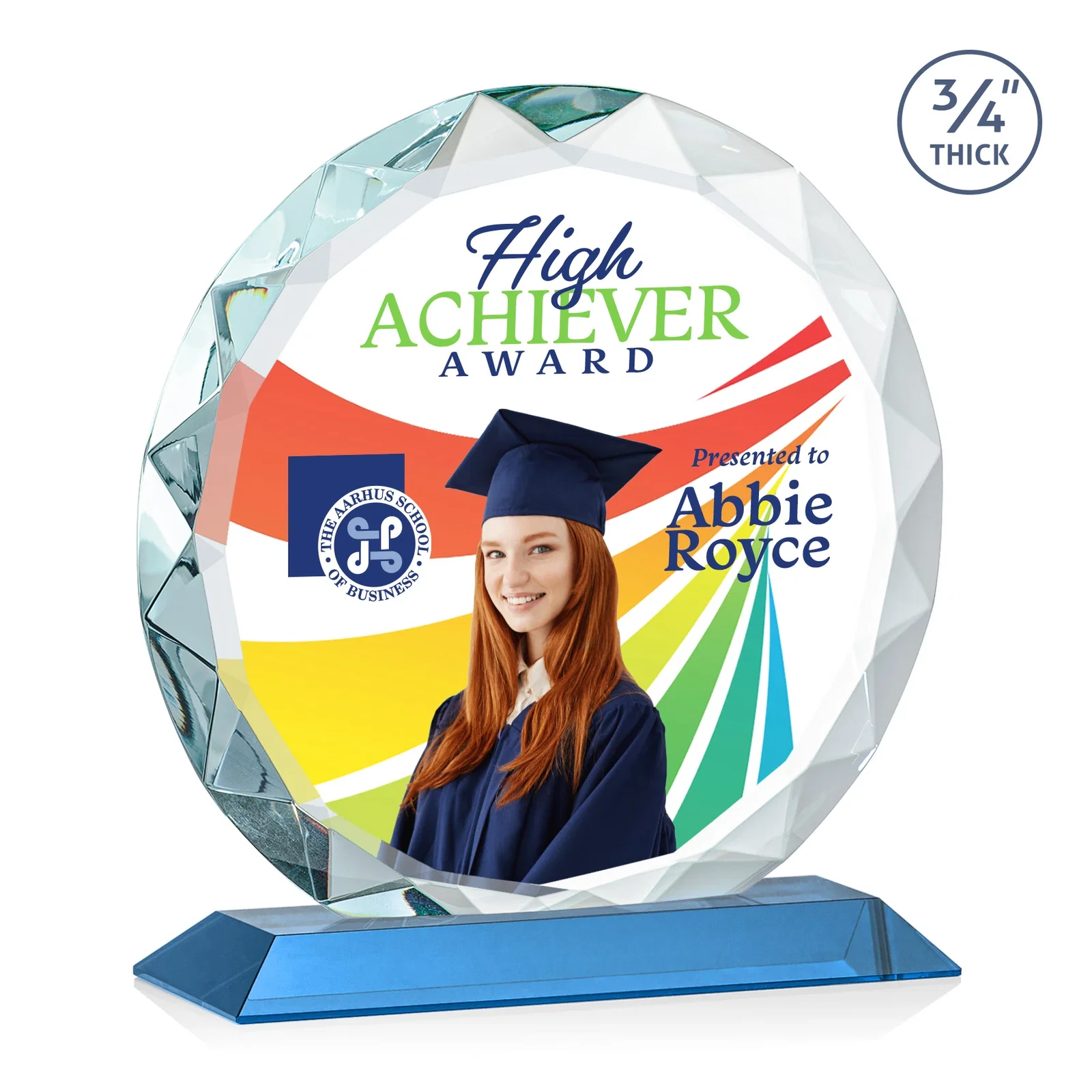 Custom Starfire Crystal Award With Gemstone Facets on a Wood or Crystal Base, with your logo for team milestone celebrations