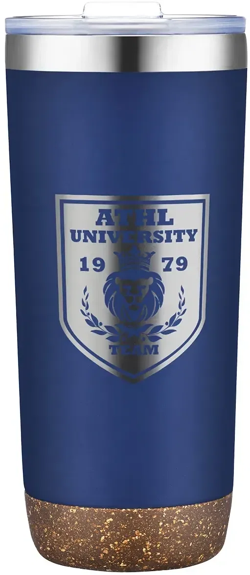 Branded Cerano tumbler showing the natural cork base accent, custom promotional drinkware