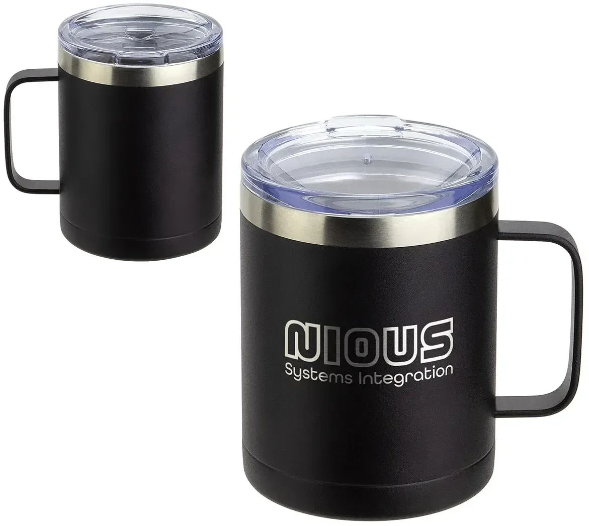 Custom Ceva 14 oz powder-coated insulated mug, front view of the branded travel mug