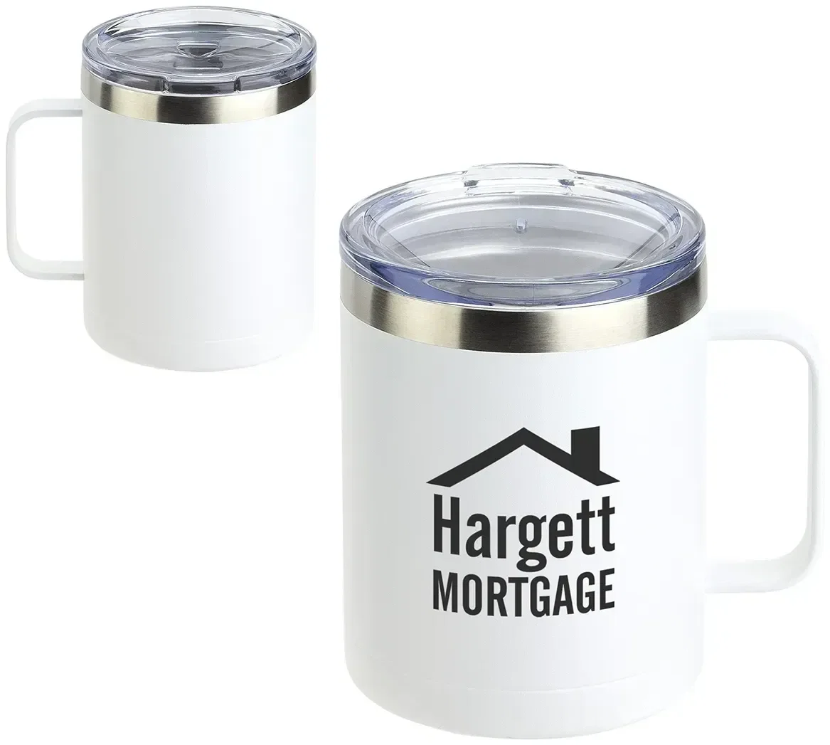 Branded Ceva insulated mug side profile showing the powder-coated finish
