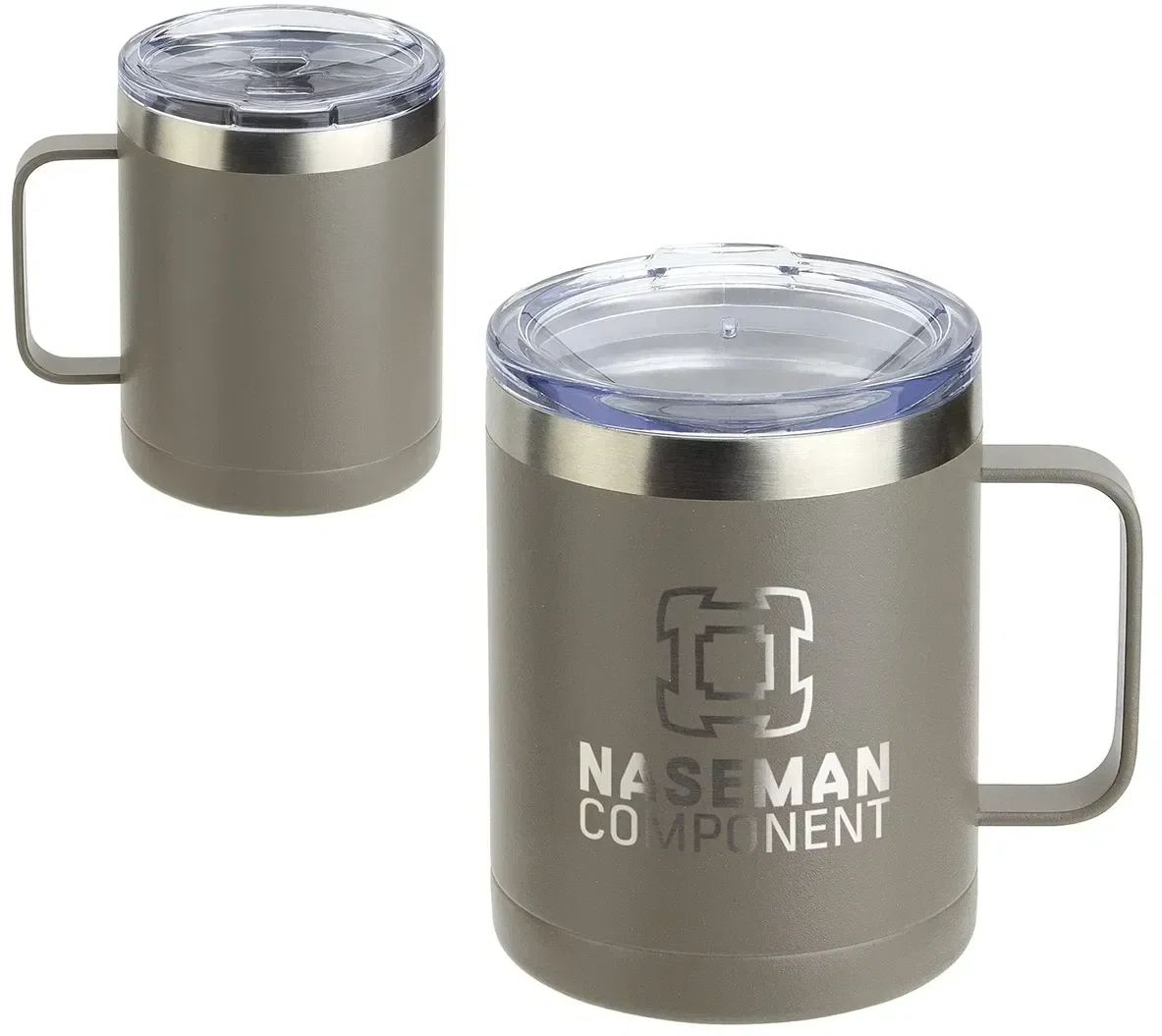 Custom Ceva 14 oz mug with the lid off, branded powder-coated travel mug