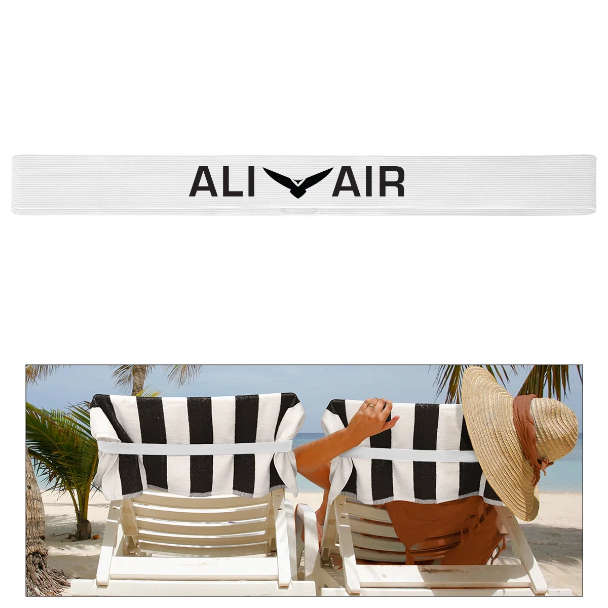 Elastic chair band towel holder stretched flat at full length