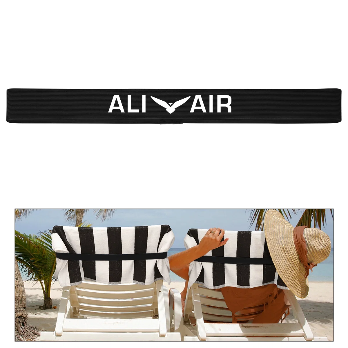 Band wrapped around a chair back with a towel attached