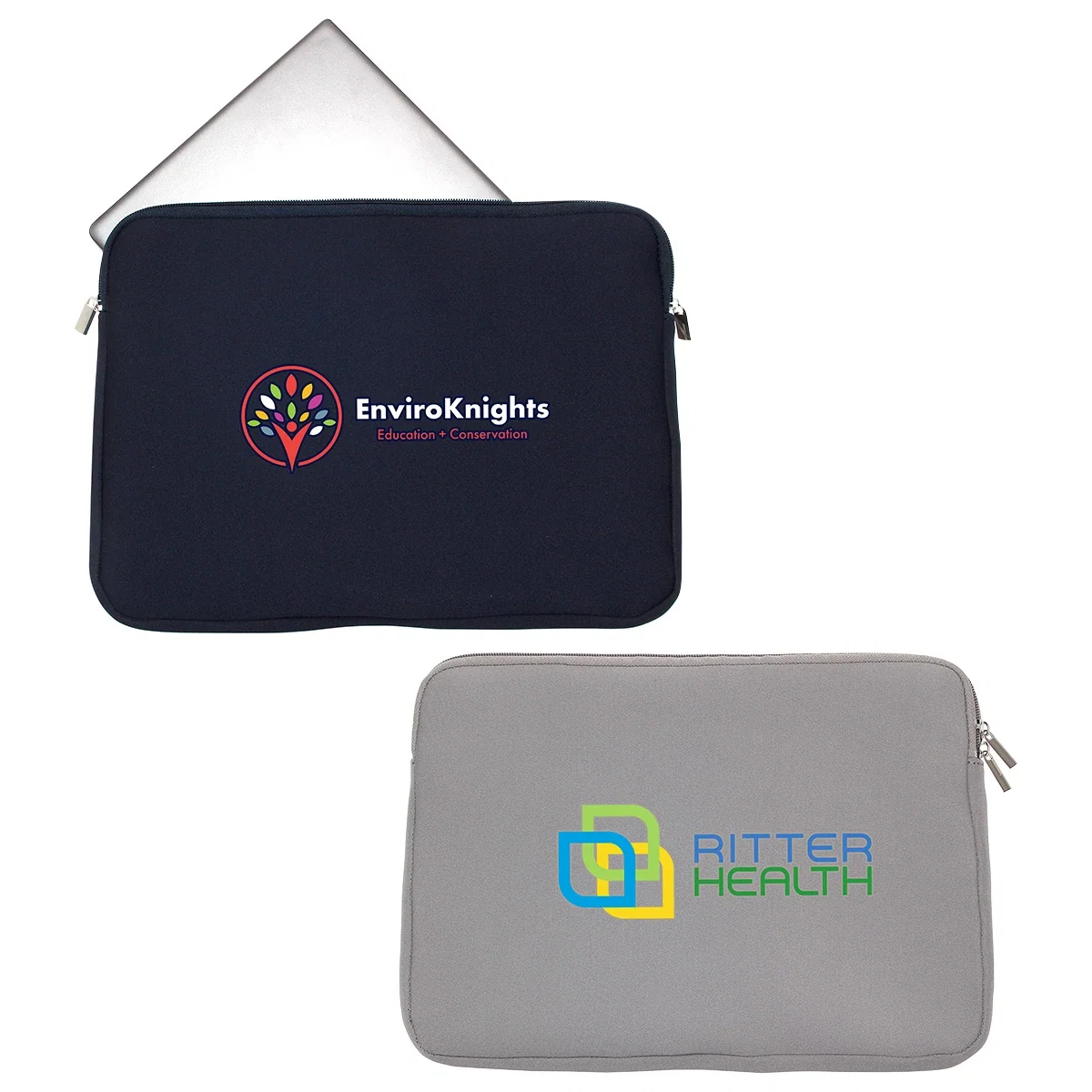 Custom Chalet Neoprene Laptop Sleeve, front view of the branded sleeve in the larger size