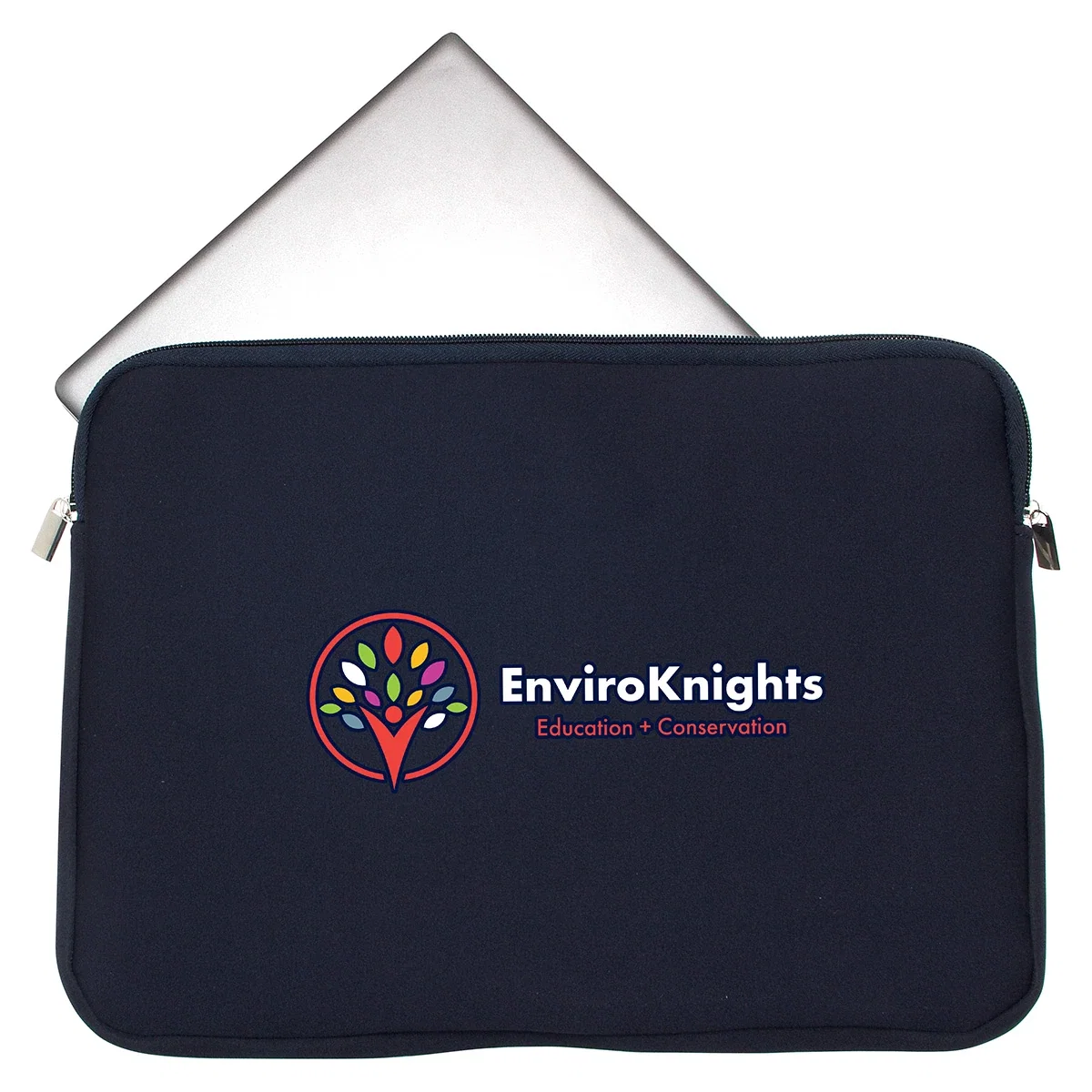 Close-up of the custom Chalet Neoprene Laptop Sleeve's logo imprint area