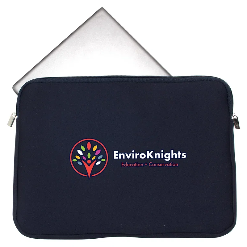 Close-up of the custom Chalet Neoprene Laptop Sleeve's logo imprint area