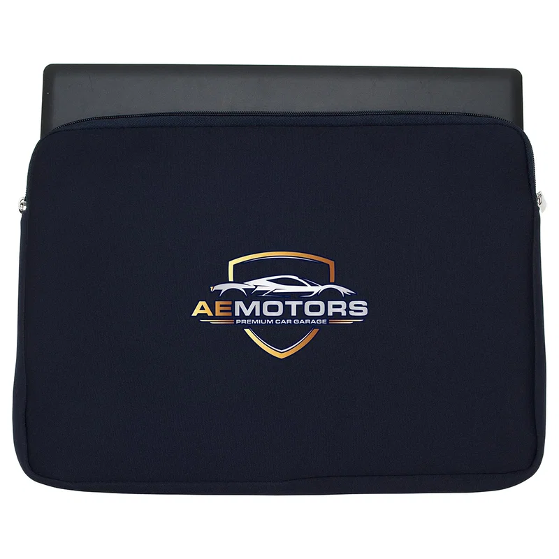 Promotional Chalet Neoprene Laptop Sleeve holding a laptop, sleeve in use