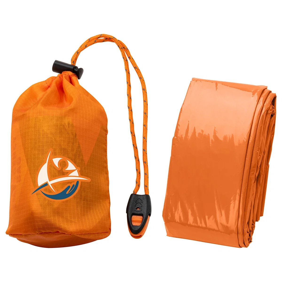 Custom Chamber compact emergency sleeping bag, front view of the branded carrying pouch