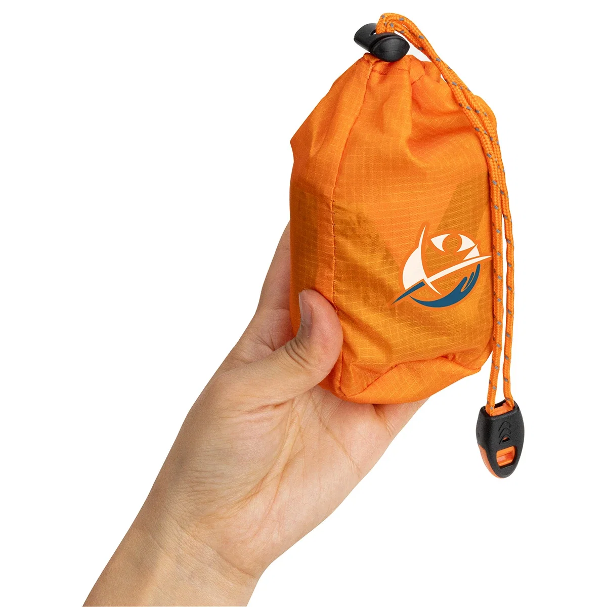 Close-up of the Chamber emergency sleeping bag's drawstring carrying pouch and logo imprint, held in hand
