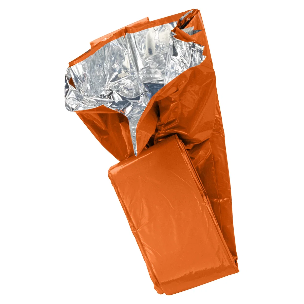Chamber emergency sleeping bag opened to reveal its reflective silver thermal lining inside