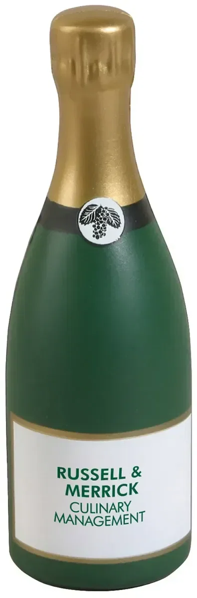 Champagne bottle custom stress reliever, branded promotional squeeze toy for event logo giveaways