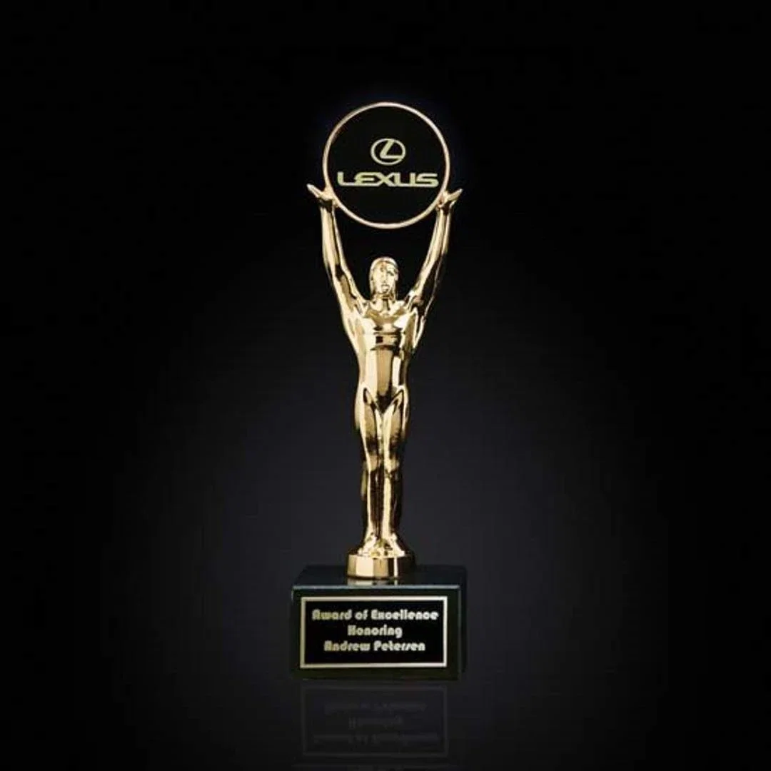Custom Gold Plated Champion Figure Award, Message Held Overhead for corporate award ceremonies