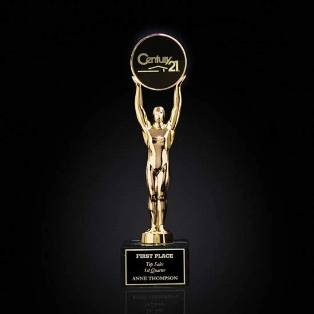 Custom Gold Plated Champion Figure Award, Message Held Overhead for service anniversary gifts