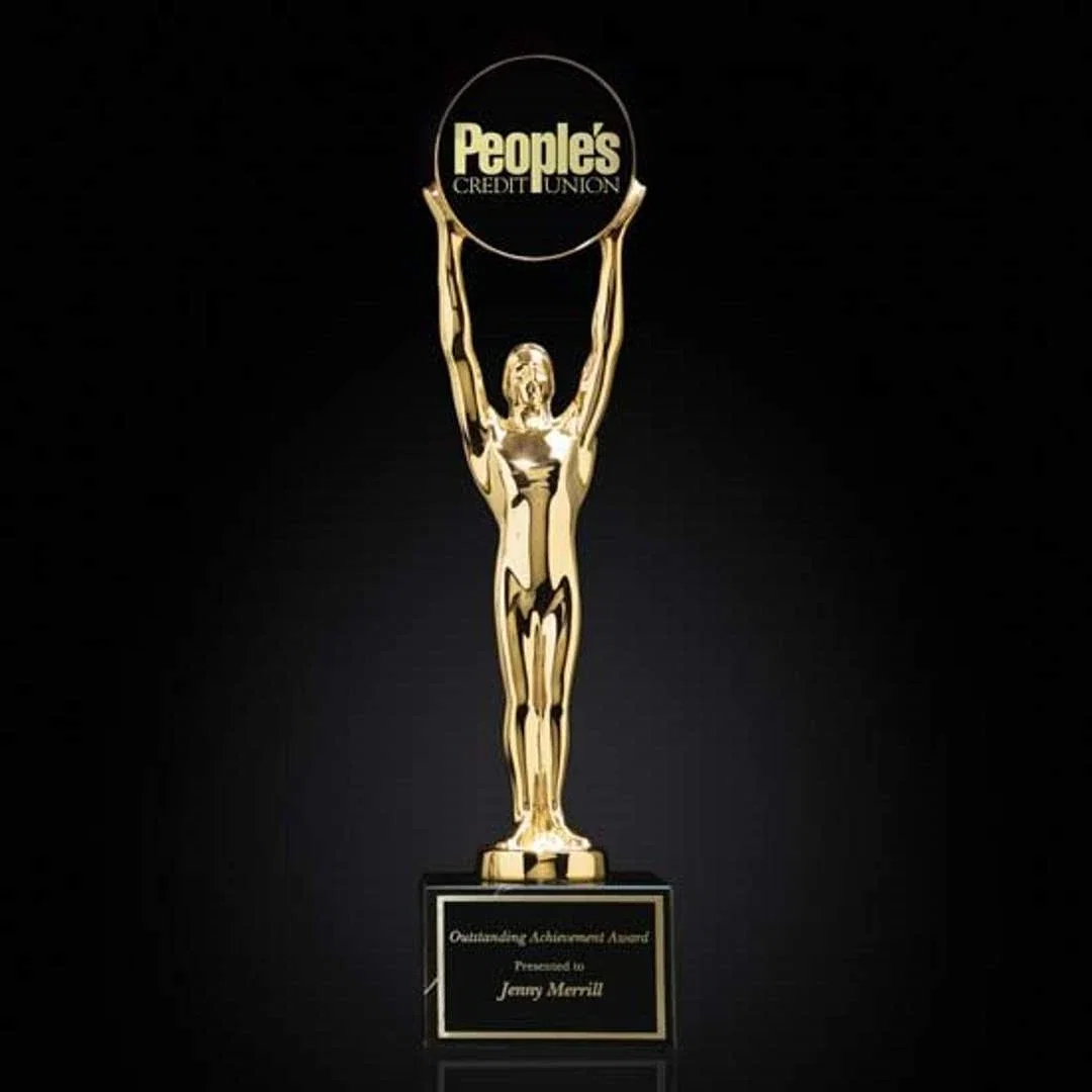 Custom Gold Plated Champion Figure Award, Message Held Overhead for sales achievement awards