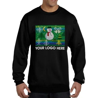 Black crew neck fleece shown flat from the front