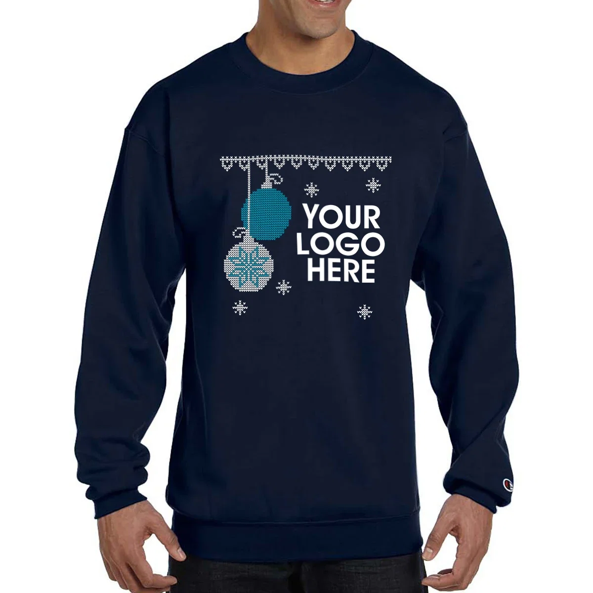 Champion® Double Dry Eco® Crewneck "Ugly Sweater" Sweatshirt being worn