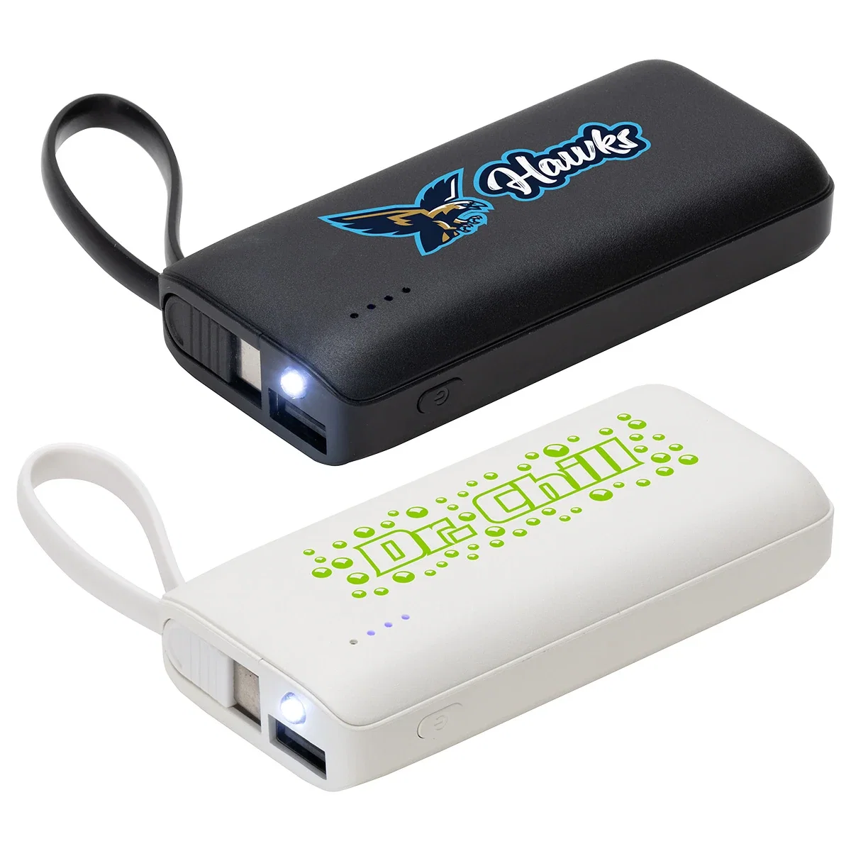 Chancellor power bank with built-in USB-C cable and LED battery indicator lights
