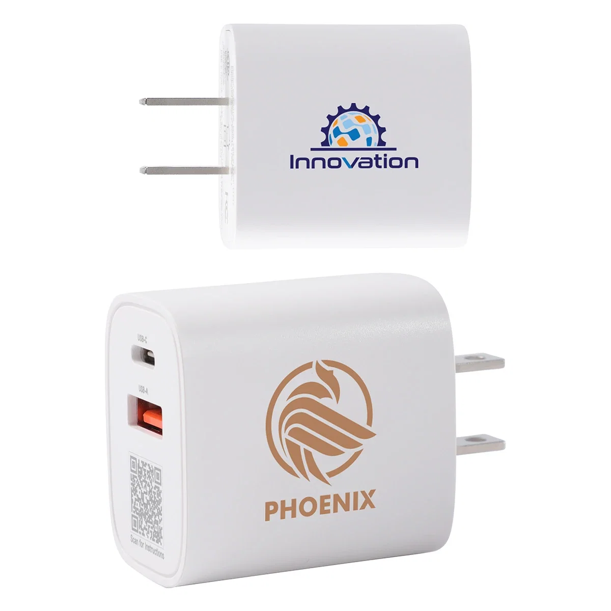 Custom Channel 20W 2-Port PD Wall Charger, front view of the branded dual-output wall charger