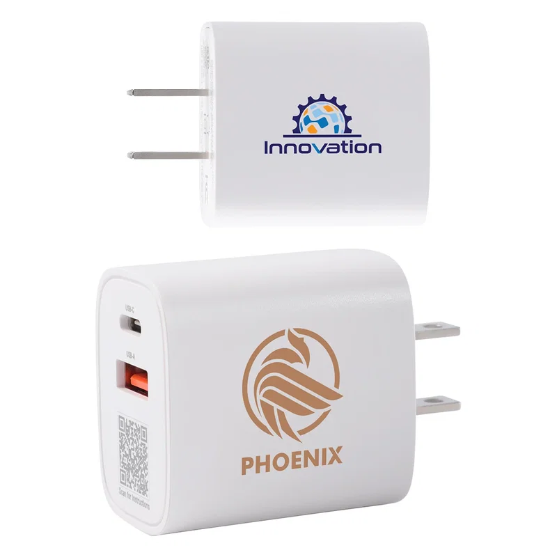 Custom Channel 20W 2-Port PD Wall Charger, front view of the branded dual-output wall charger