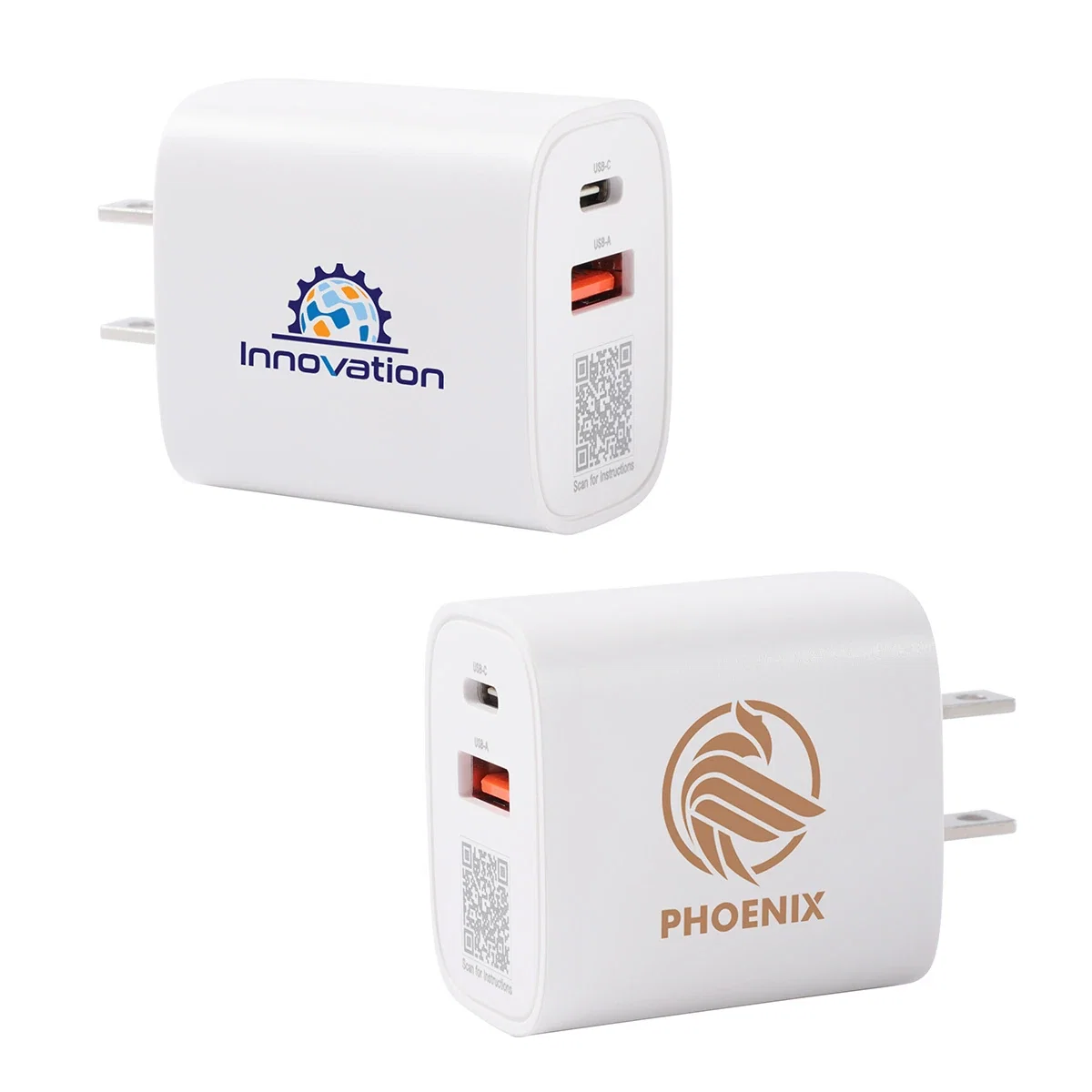 Close-up of the custom Channel wall charger's dual charging output ports