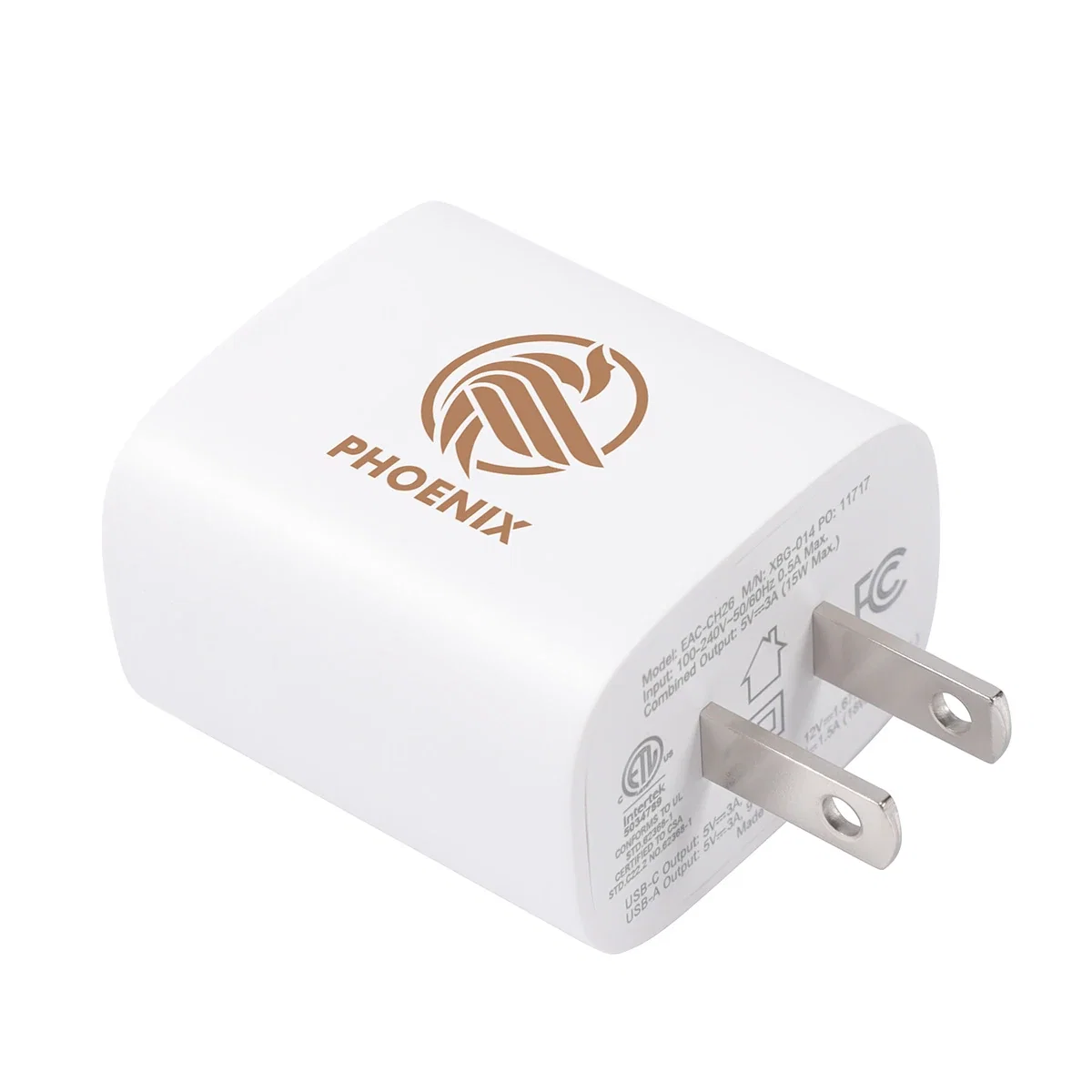 Angled view of the promotional Channel 20W PD wall charger showing its compact housing
