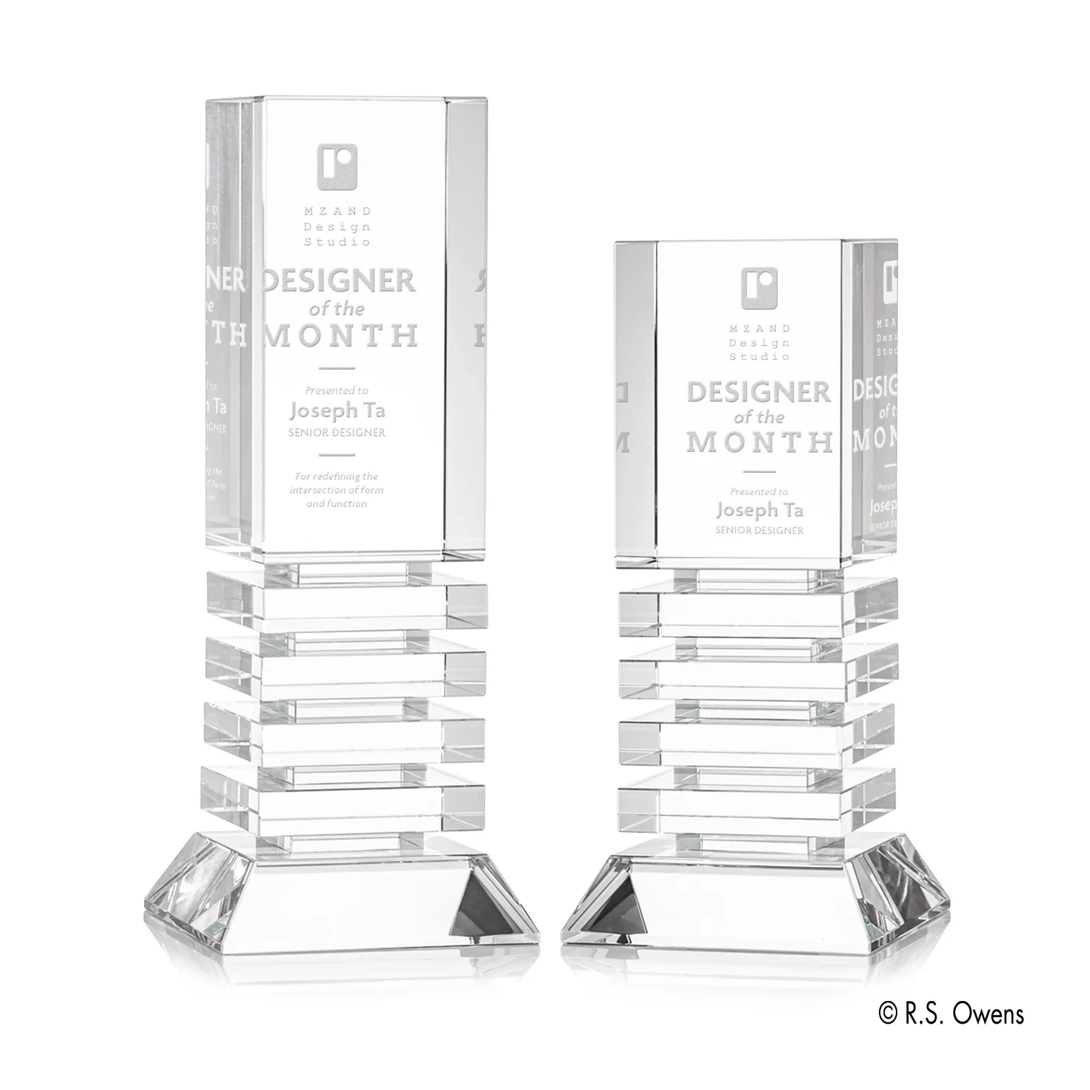 Custom Optical Crystal Tower Award with Stacked Channel Layers for employee recognition